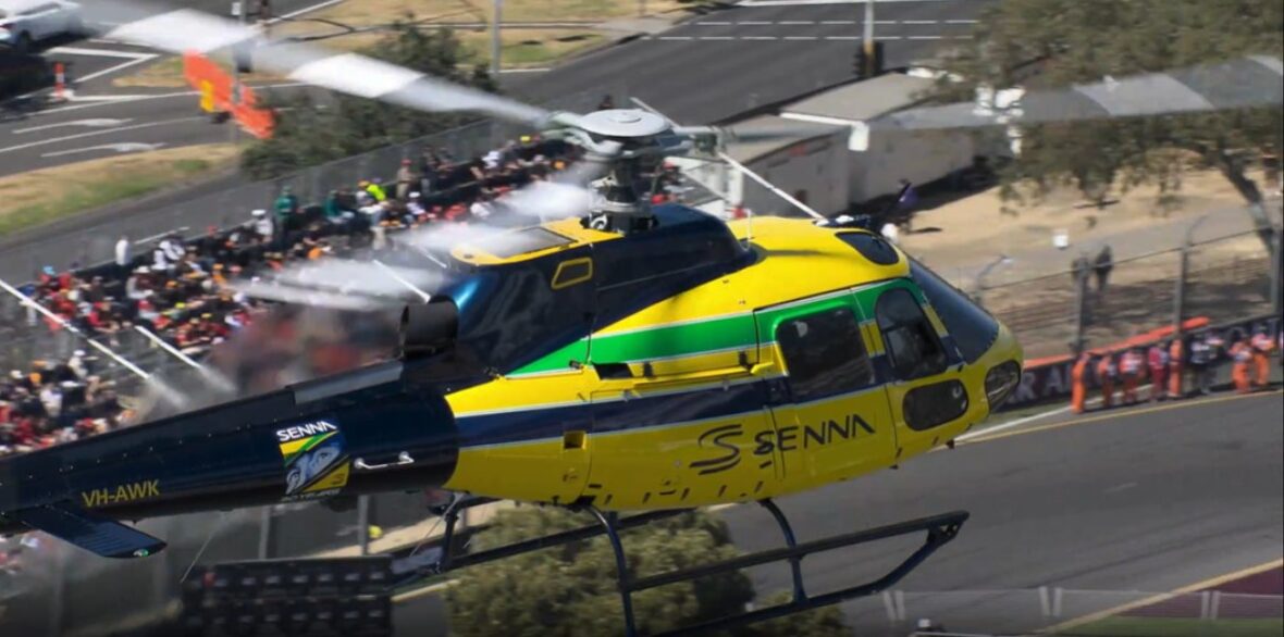 Helicóptero nas cores do capacete de Senna